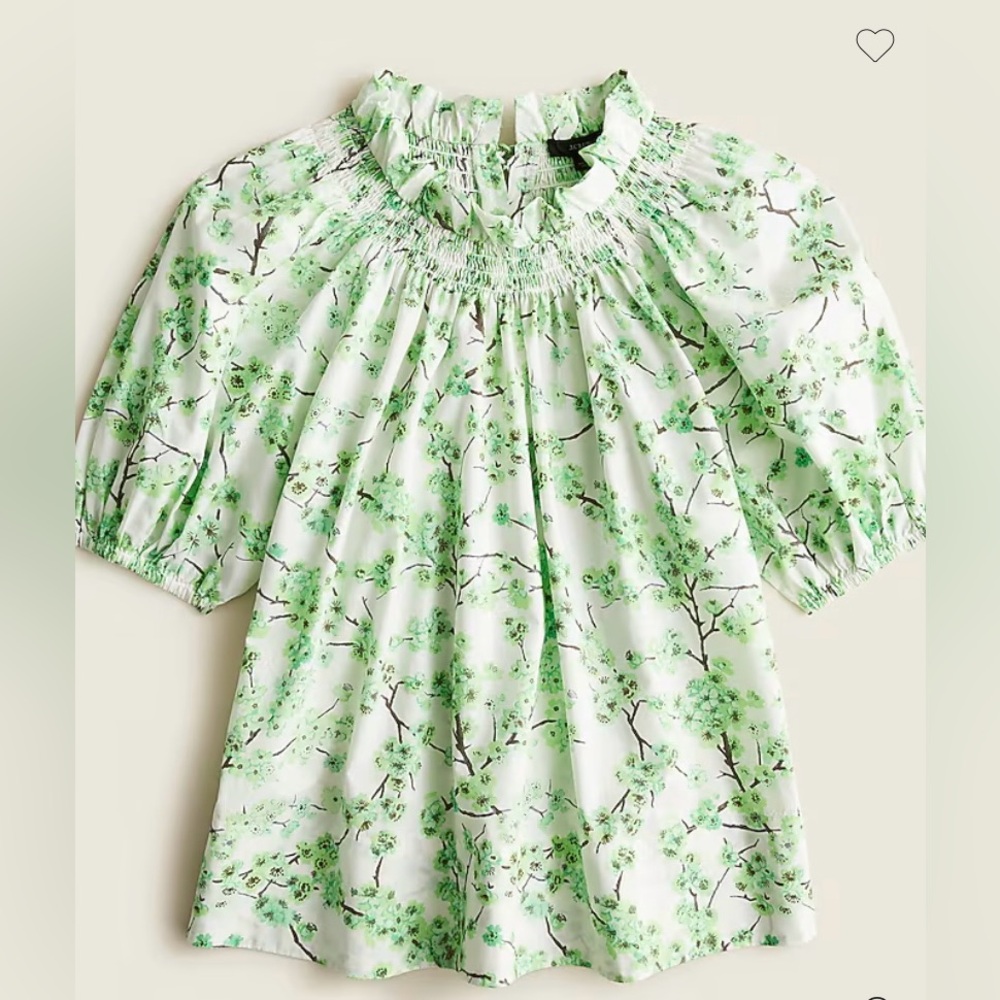J.Crew Swingy Smocked Shirt in Green Cherry Blossom Print